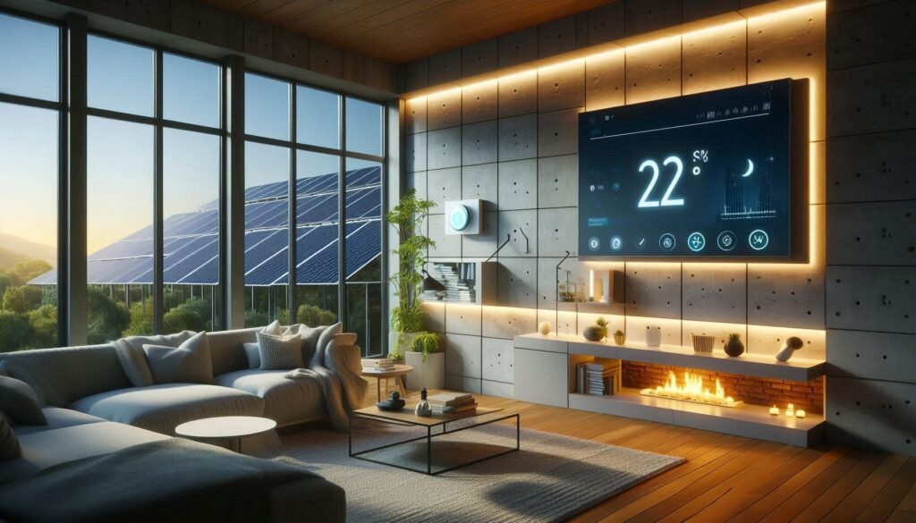 Energy-efficient living room with LED lighting and solar panels for sustainable interior design