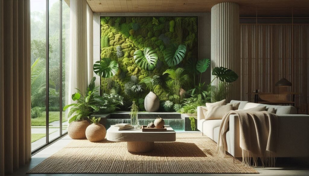 Biophilic living room with vertical gardens and natural textures for sustainable interior design.