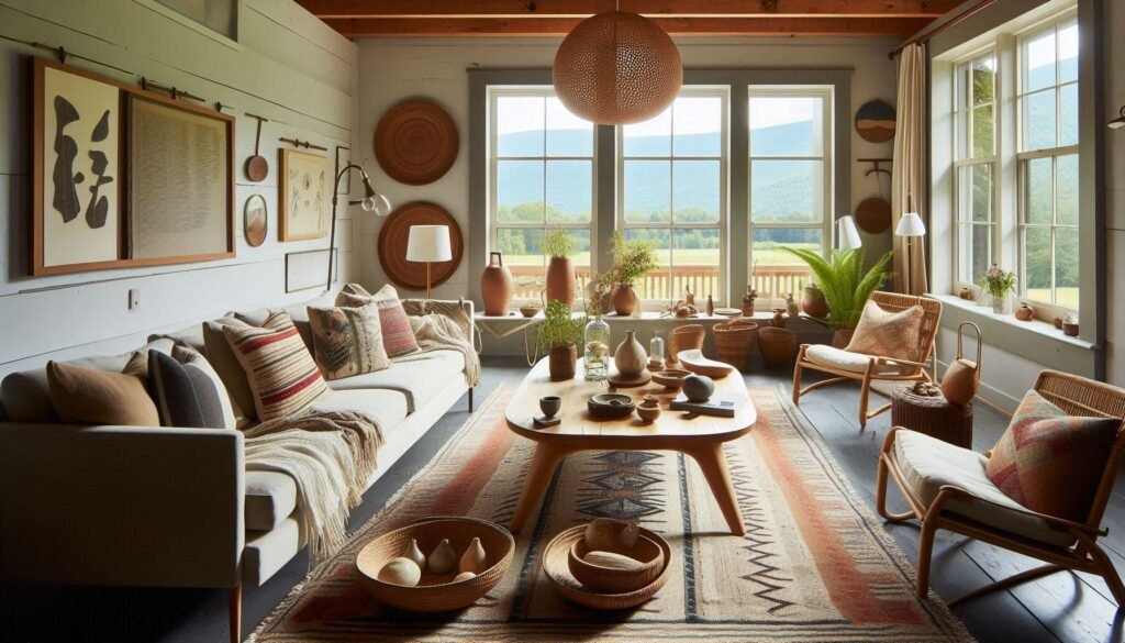 Ethical brands and artisan decor in a sustainable interior design living room