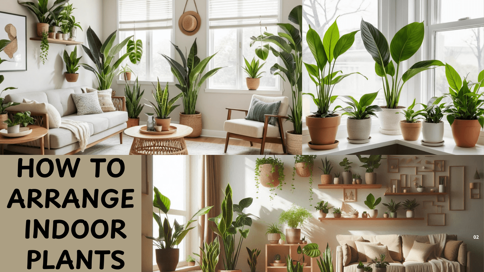 Snake plant and pothos styled in ceramic pots in a living room corner